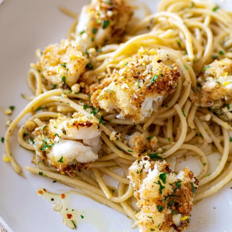 A vibrant plate of Crispy Fish Pasta with fresh parsley, chives, and a squeeze of lemon wedges.