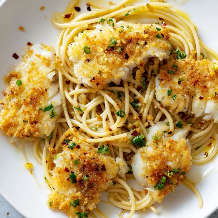 Close-up of Crispy Fish Pasta, where pan-fried fish meets zesty lemon butter sauce over steaming noodles.