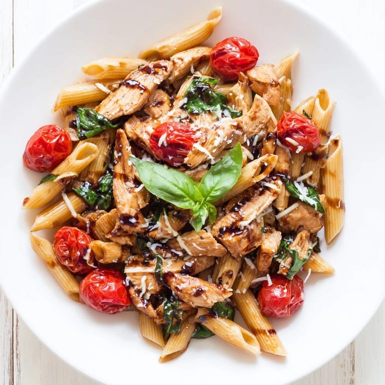 Golden chicken strips tossed in a tangy balsamic glaze with pasta and wilted spinach.