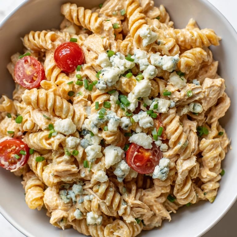 Ready-to-eat Buffalo Chicken Pasta Salad garnished with crumbled blue cheese and fresh chives, served chilled for a refreshing picnic or potluck side.