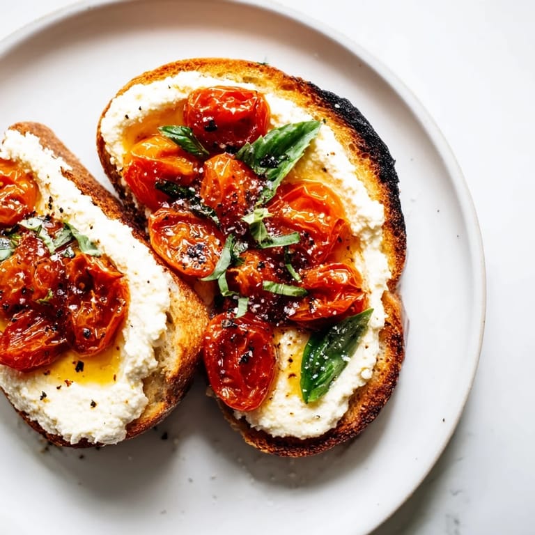 Creamy whipped ricotta spread on rustic bread with sweet roasted cherry tomatoes and a sprinkle of flaky sea salt.