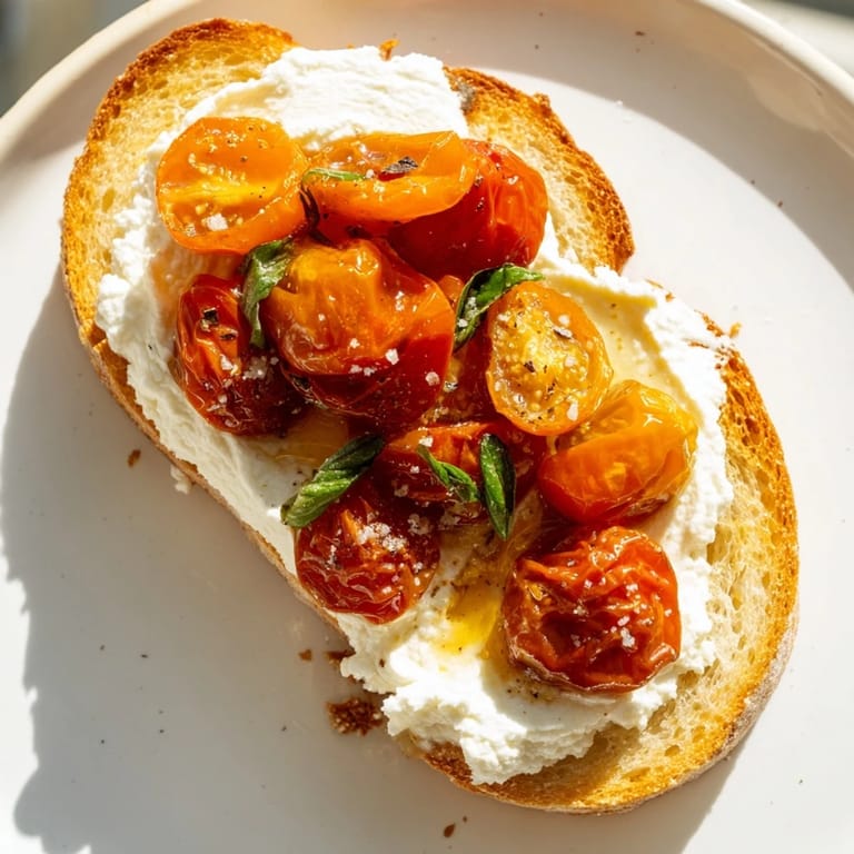 Freshly made Tomato Ricotta Toast served warm with juicy roasted tomatoes, lemon zest, and vibrant basil garnish.