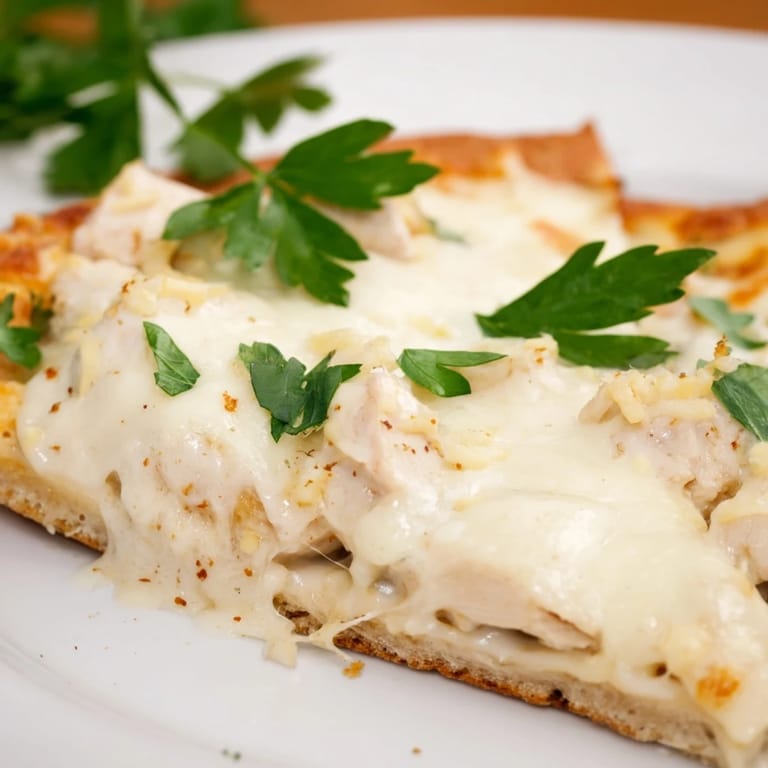 A rustic wooden board with a whole Chicken Alfredo Pizza, garnished with fresh parsley and a side salad for a complete meal.