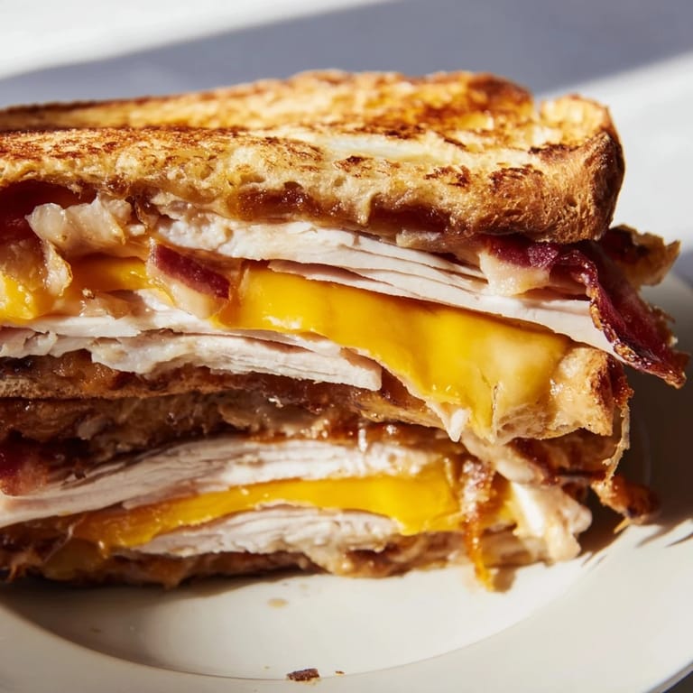 Golden, crispy halves of Turkey Club Grilled Cheese reveal a generous filling of turkey, bacon, lettuce, and tomato, served warm on a rustic kitchen counter.