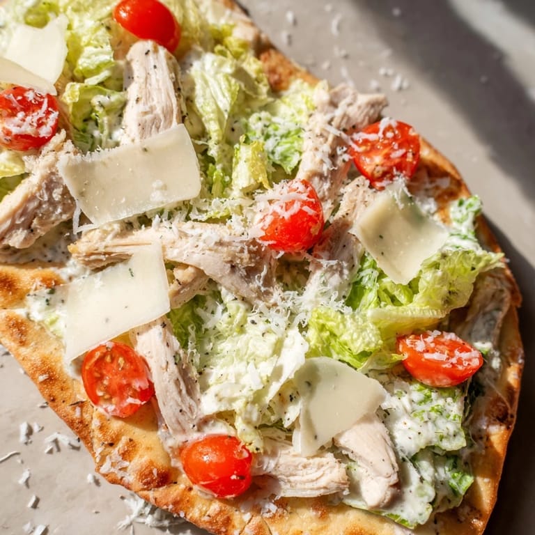 A close-up of Caesar Chicken Flatbread with vibrant green romaine and tangy Caesar dressing.