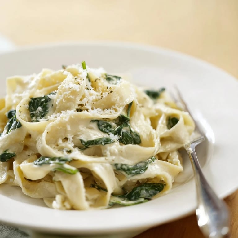 A skillet of creamy spinach garlic noodles, sautéed garlic and onions simmering in rich cream.  