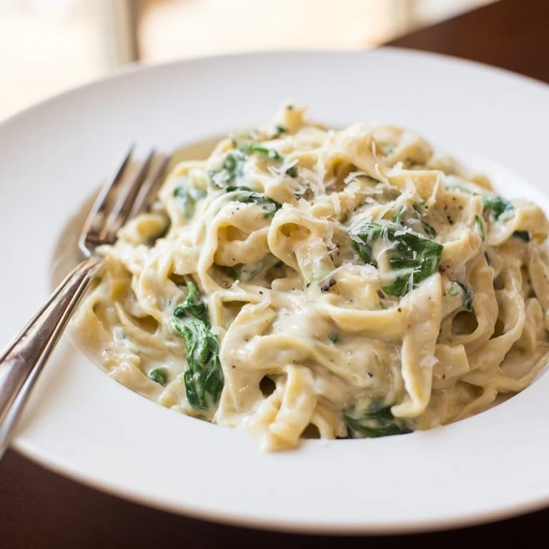 Plated creamy spinach garlic noodles garnished with extra Parmesan and a pinch of red pepper flakes.