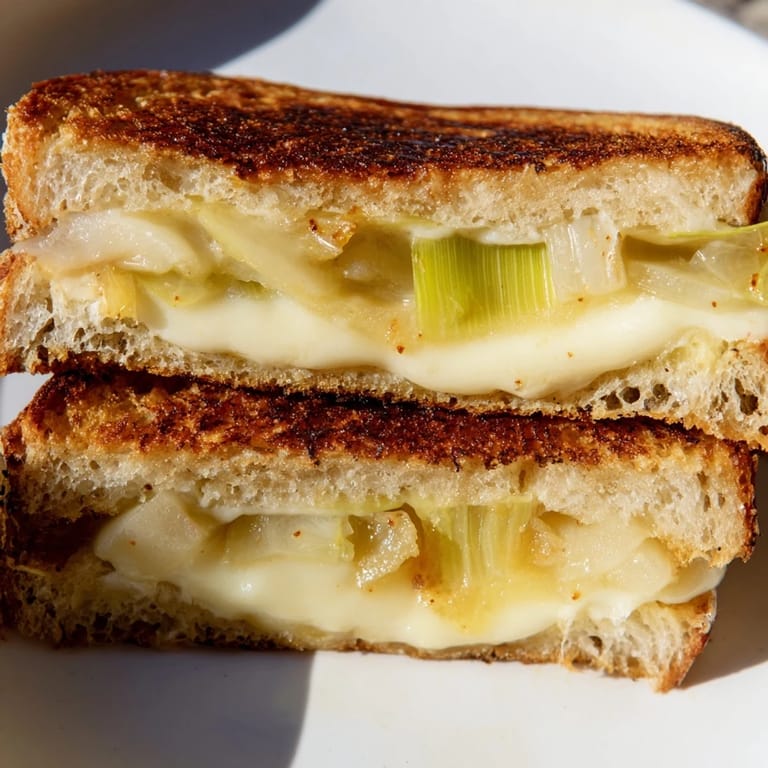 A ready-to-eat Havarti & Caramelized Leek Grilled Cheese is cut in half, revealing the rich, melty Havarti and sweet leek filling.