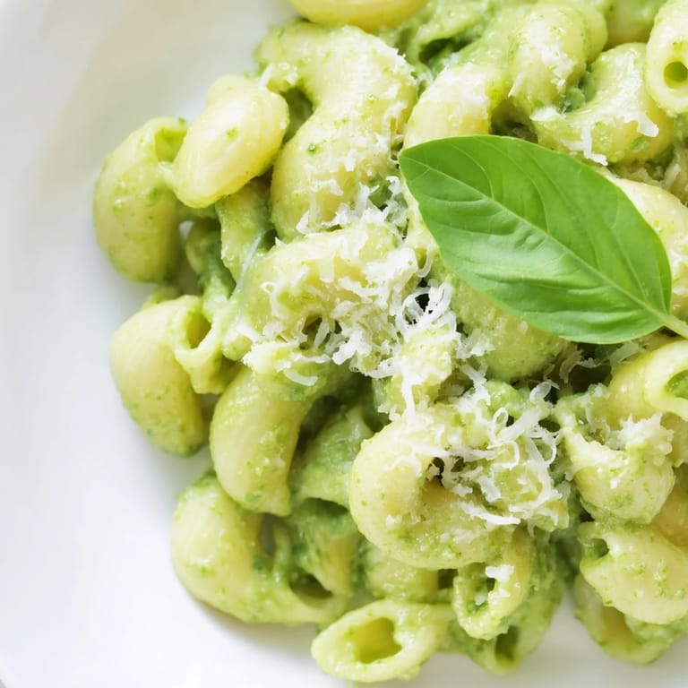 A close-up of Creamy Avocado Pesto Mac in a white bowl, highlighting the silky sauce clinging to every pasta elbow and fresh basil topping.