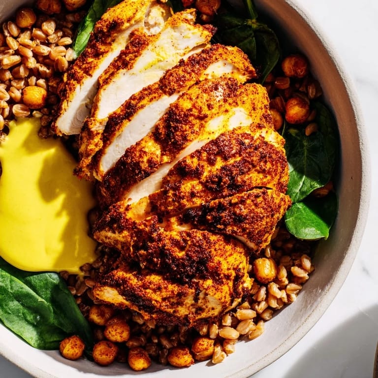 A vibrant Mediterranean-inspired Lemon Tahini Chicken Power Bowl featuring juicy roasted chicken, crisp greens, and a zesty lemon tahini sauce drizzled over everything.