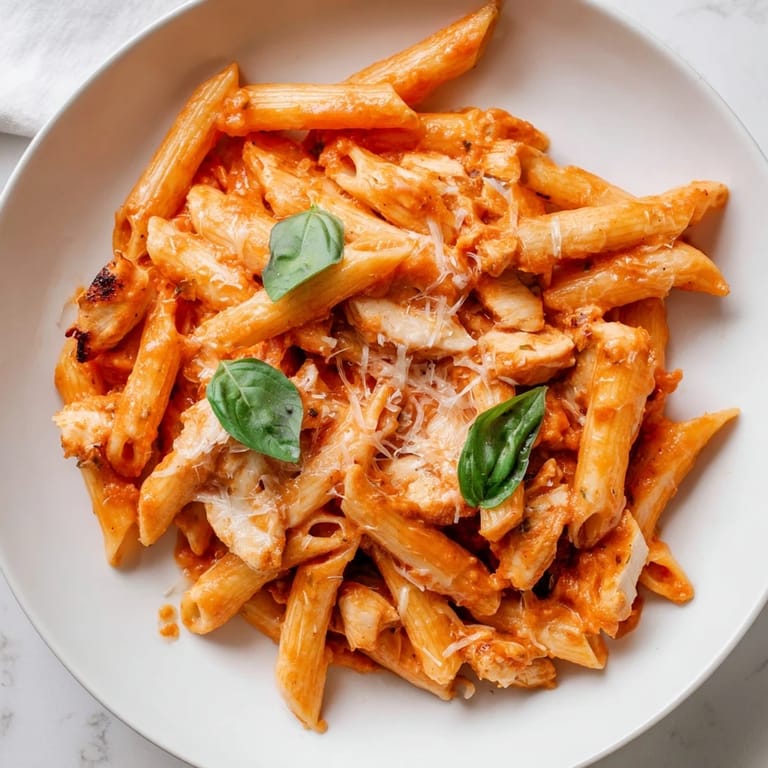 Sizzling Tomato Basil Chicken Pasta in a skillet, steam rising from the hearty, aromatic dinner.  