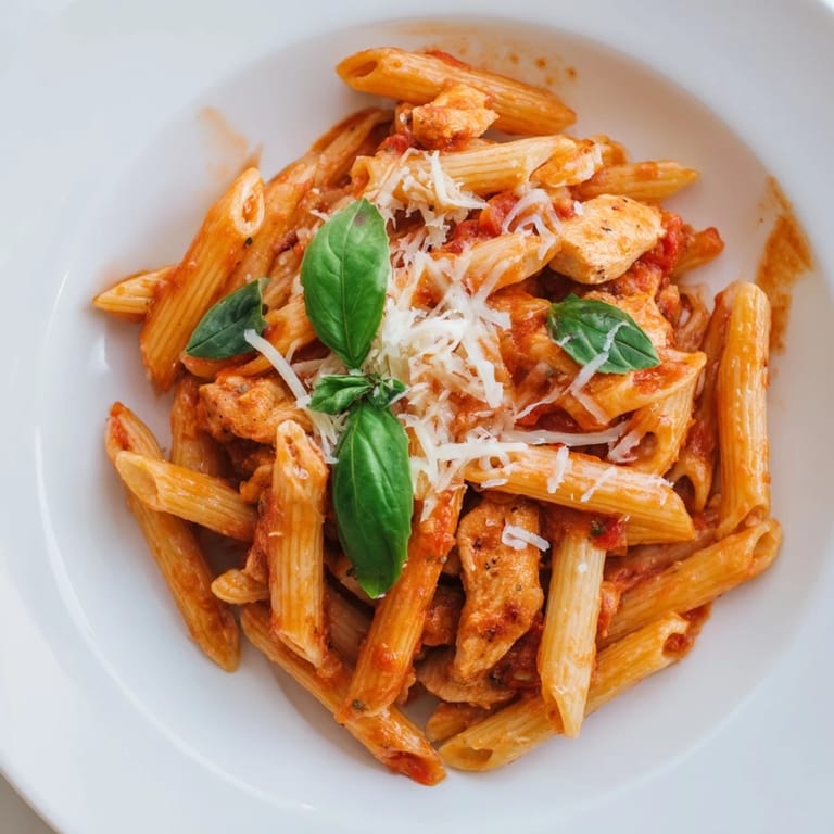 A close-up of pasta twirls coated in rich tomato-basil sauce with grated Parmesan and basil.