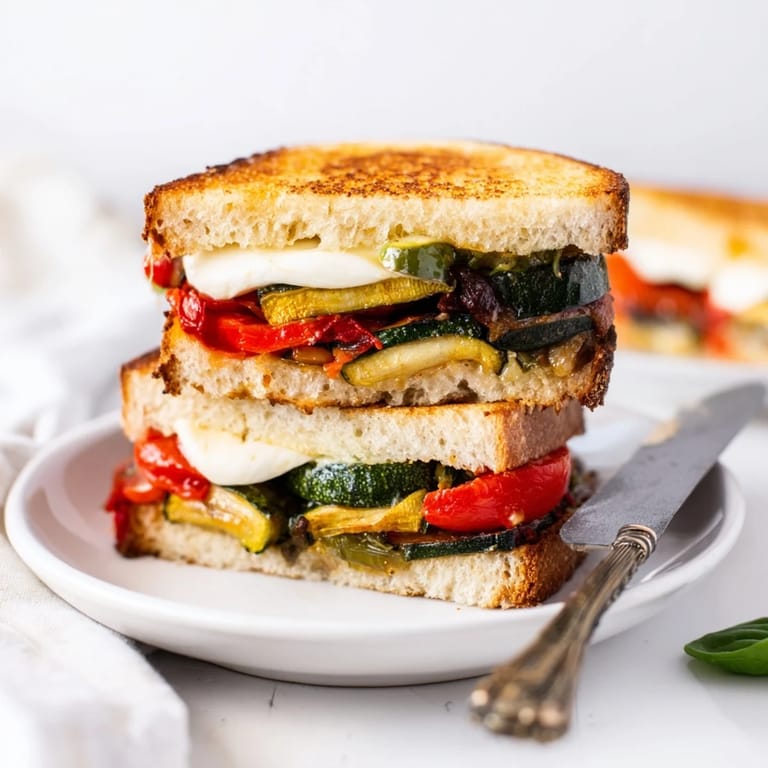 A golden-brown Roasted Veggie Caprese Grilled Cheese cut diagonally, revealing layers of colorful roasted peppers, zucchini, and melted fresh mozzarella inside.