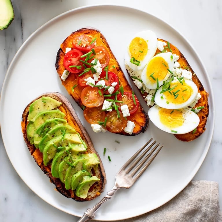 Sweet potato toast variations served with sliced bananas, peanut butter, and crunchy granola.
