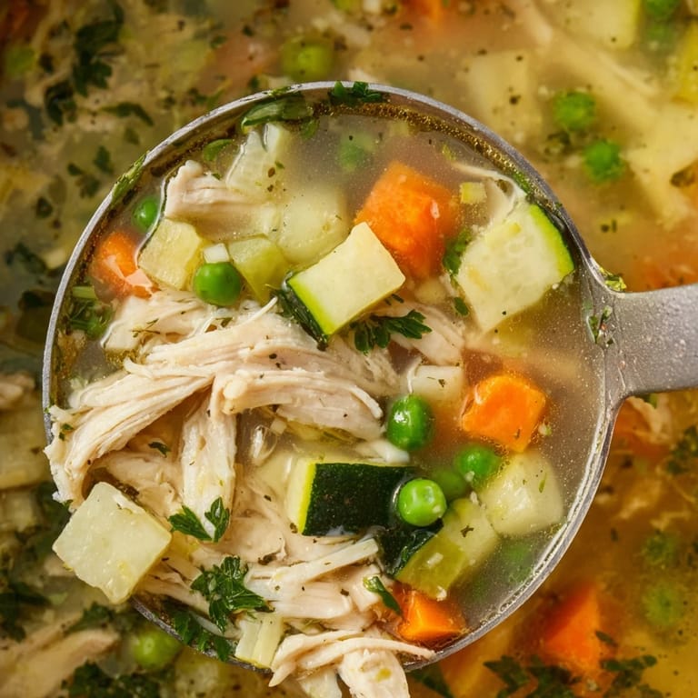 Steamy Spring Garden Chicken Soup served in a rustic bowl, paired with crusty bread.