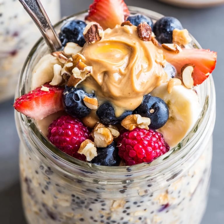 Overnight Oats with Chia Seeds in a clear glass, topped with chopped almonds and a drizzle of honey, ready to enjoy chilled.
