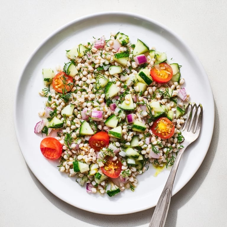 Tangy lemon vinaigrette coats the Mediterranean barley salad, garnished with fresh herbs, ready to serve as a refreshing light lunch or side dish.