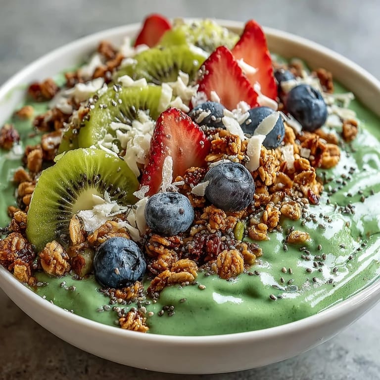 Nutrient-packed green smoothie bowl showcasing fresh berries and wholesome granola crunch.