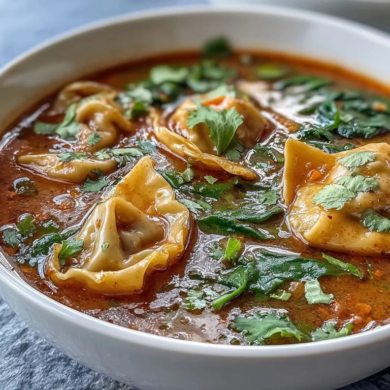 A steaming bowl of red curry wonton soup with greens alongside crisp veggies and fresh herbs on a rustic table. 