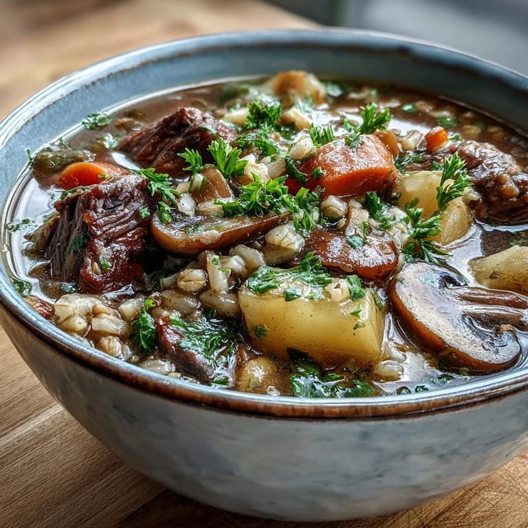 Hearty Vegetable Beef, Barley, and Mushroom Soup with fresh parsley garnish.