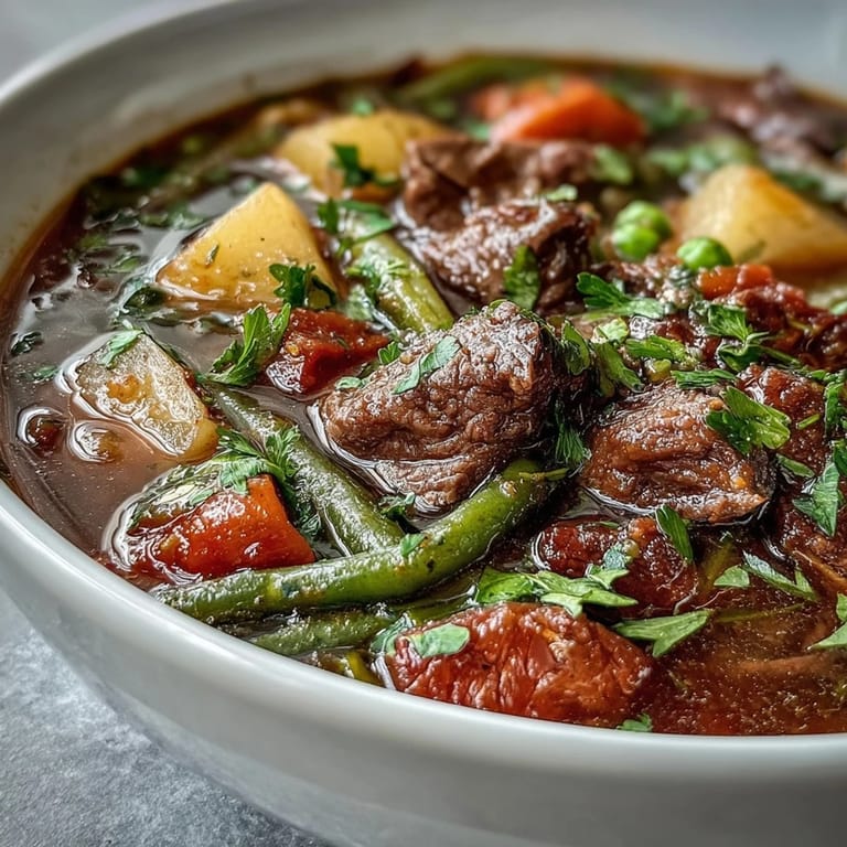 Serving suggestion of hearty Beef and Vegetable Soup in a rustic bowl, garnished with fresh chopped parsley and a slice of crusty bread on the side.