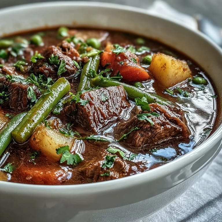 Close-up view of cooked Beef and Vegetable Soup, highlighting the colorful mix of root vegetables and soft beef cubes in a warm, comforting broth.
