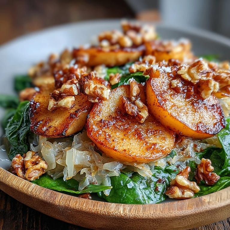 Freshly wilted spinach tossed into a tangy-sweet Warm Apple and Sauerkraut Skillet Salad for a vibrant side dish.