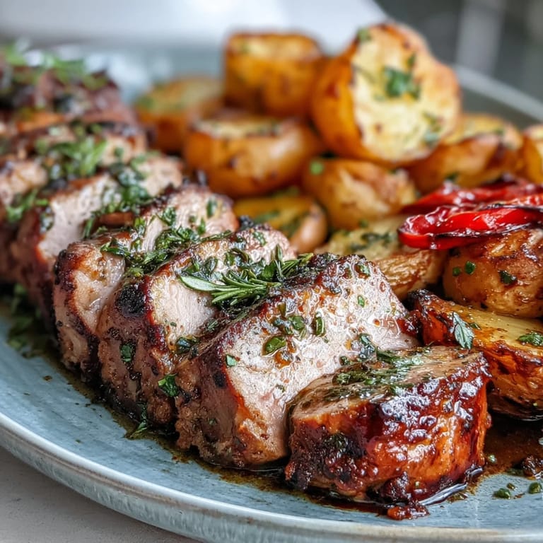 Juicy Ibérico pork fillet served with olive oil-roasted potatoes and caramelized red peppers, finished with fresh rosemary garnish.
