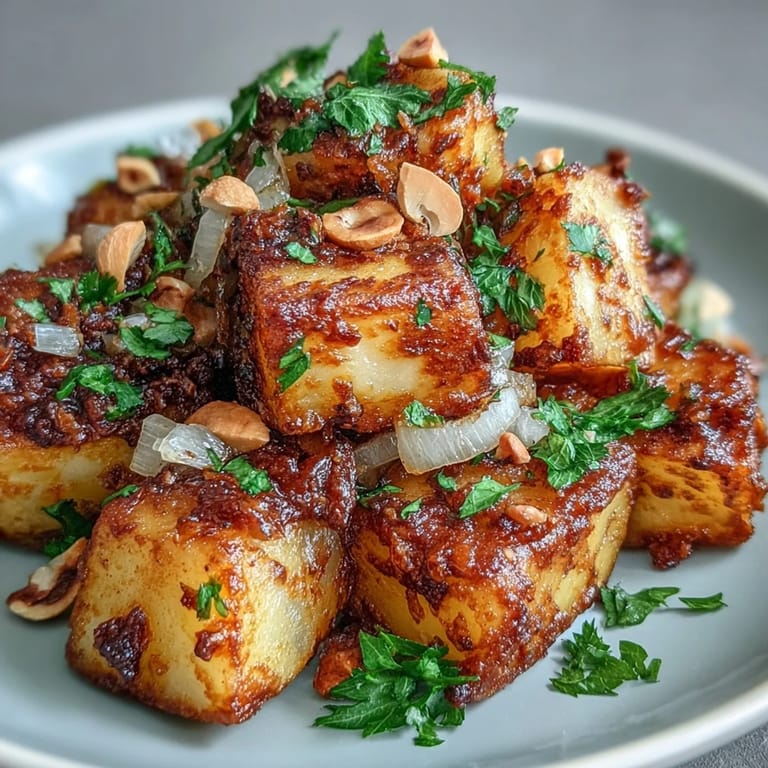 A close-up view of Curried Celeriac bubbling in a skillet, featuring nutty root vegetable cubes simmering in fragrant Indian-inspired spices.