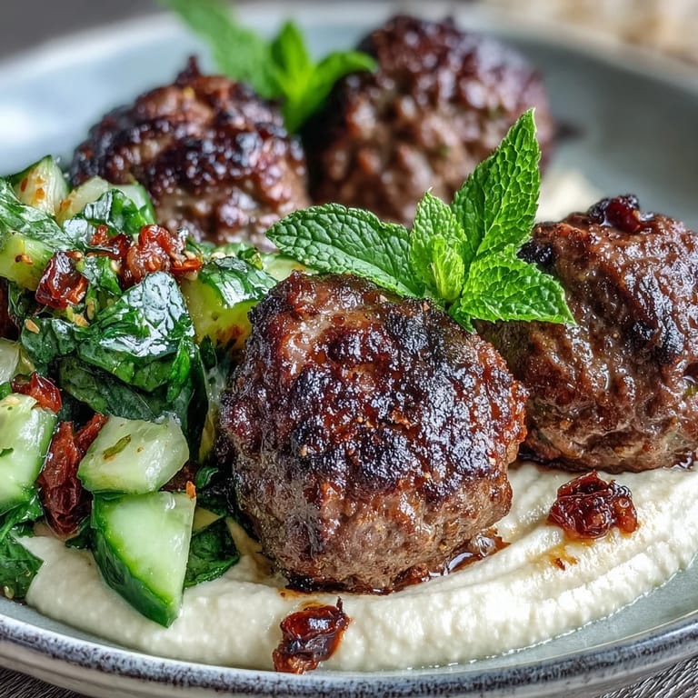 A close-up shows tender venison meatballs beside creamy hummus and a crisp, minty salad.