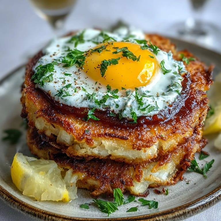 A close-up of perfectly fried eggs resting on crunchy celeriac rösti with a drizzle of lemony harissa yogurt.