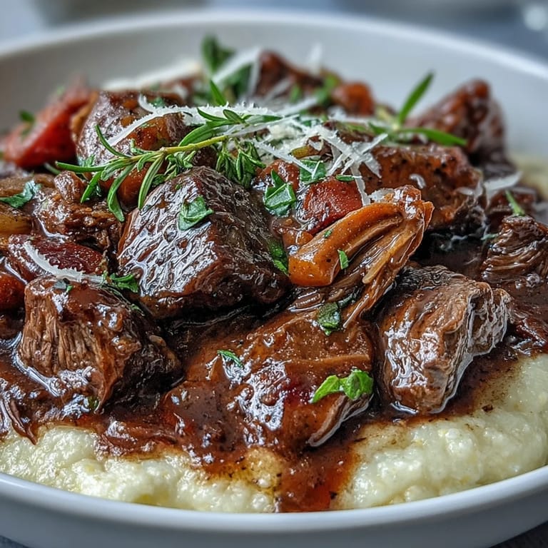A hearty bowl of venison stew with Sloe Gin, served alongside fluffy, buttery polenta for comfort.