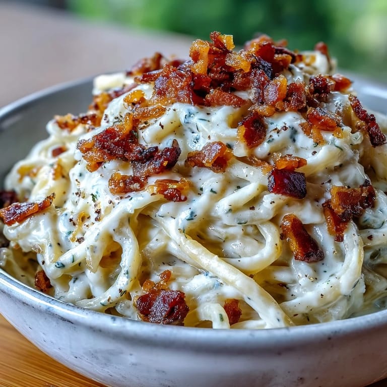 Healthy Celeriac Carbonara plated with black pepper and a glass of white wine.