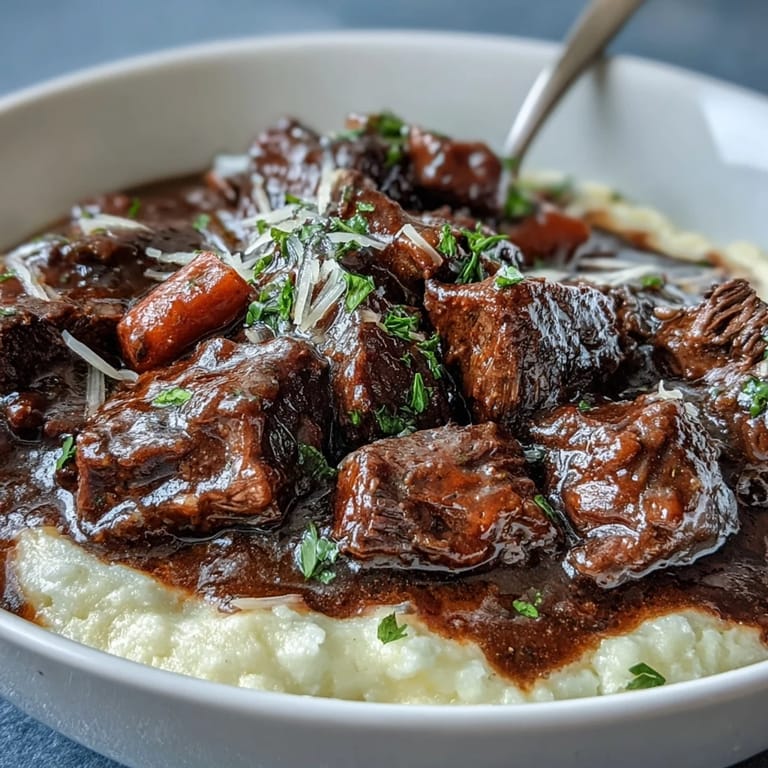 Tender chunks of venison in a dark, glossy sauce with Sloe Gin, spooned over warm polenta.