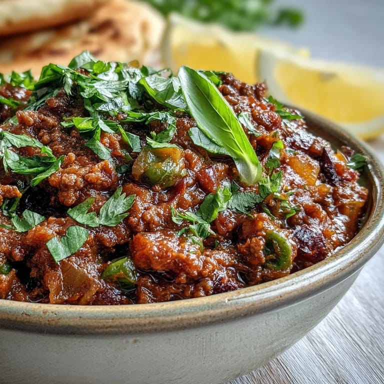 Steaming Venison Keema Curry in a rustic skillet, with golden-brown onions and vibrant green peas, ready to be served over fluffy basmati rice.