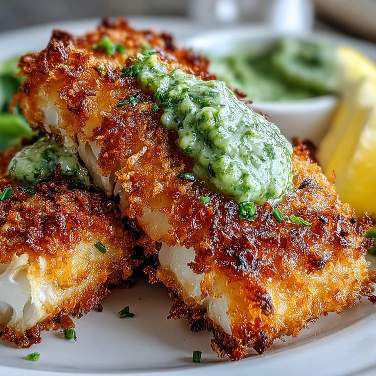 A close-up shows flaky white fish in crunchy Haddock Goujons With Parmesan Crust, topped with creamy pea pesto.