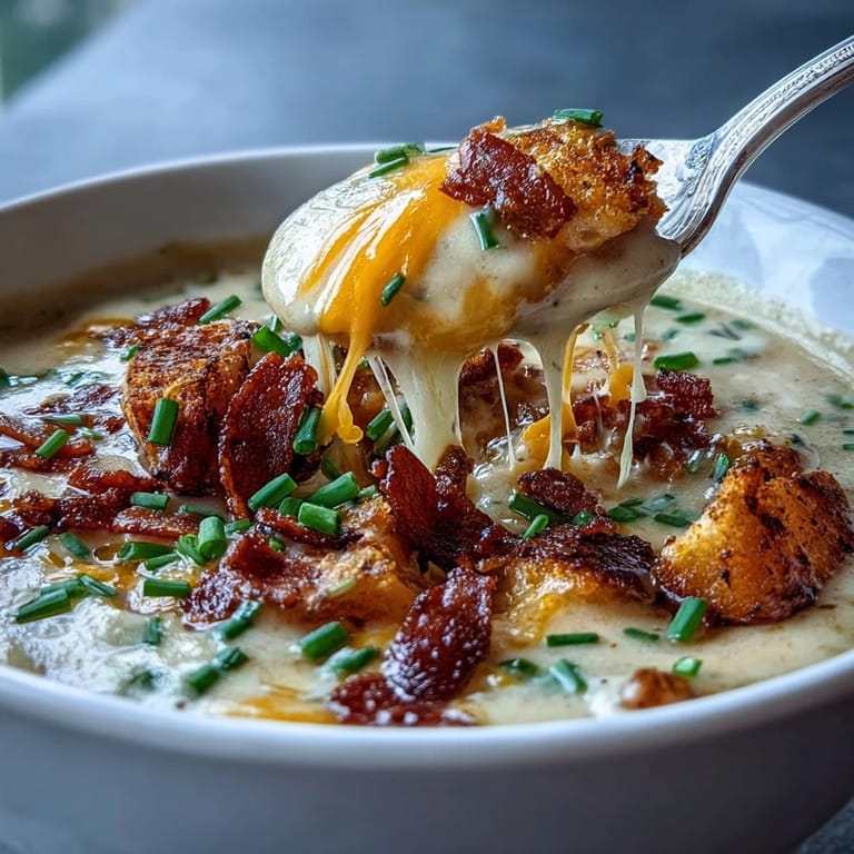 Velvety Loaded Potato Soup served in a ceramic bowl, garnished with sour cream, green onions, and bacon.