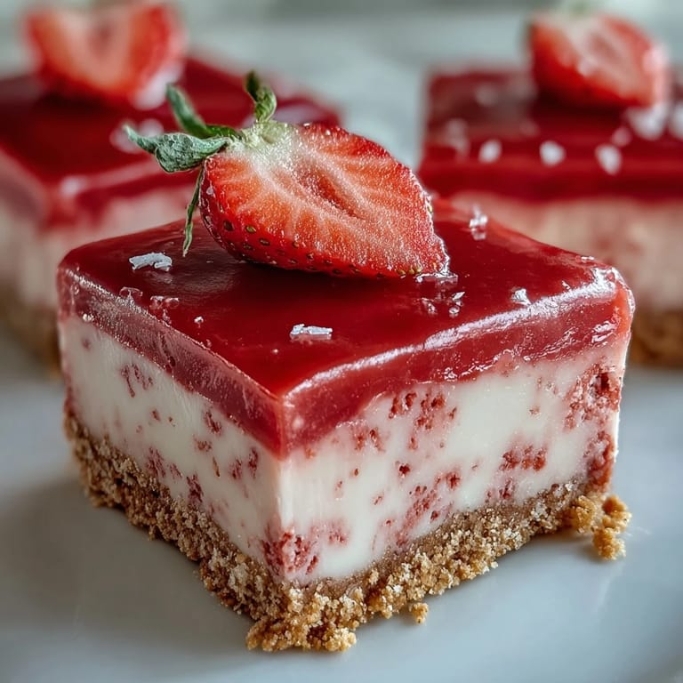 No-Bake Strawberry Fudge Squares paired with milk or coffee on a dessert platter with extra strawberry pieces sprinkled on top.