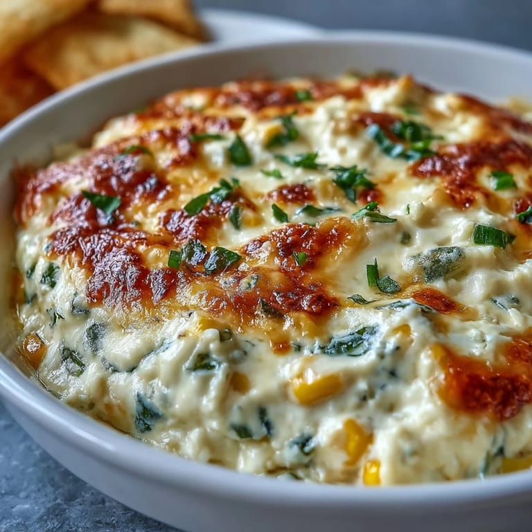 Freshly baked Crack Corn Dip with a golden crust, bubbling cheddar cheese, and chopped green onions on top.