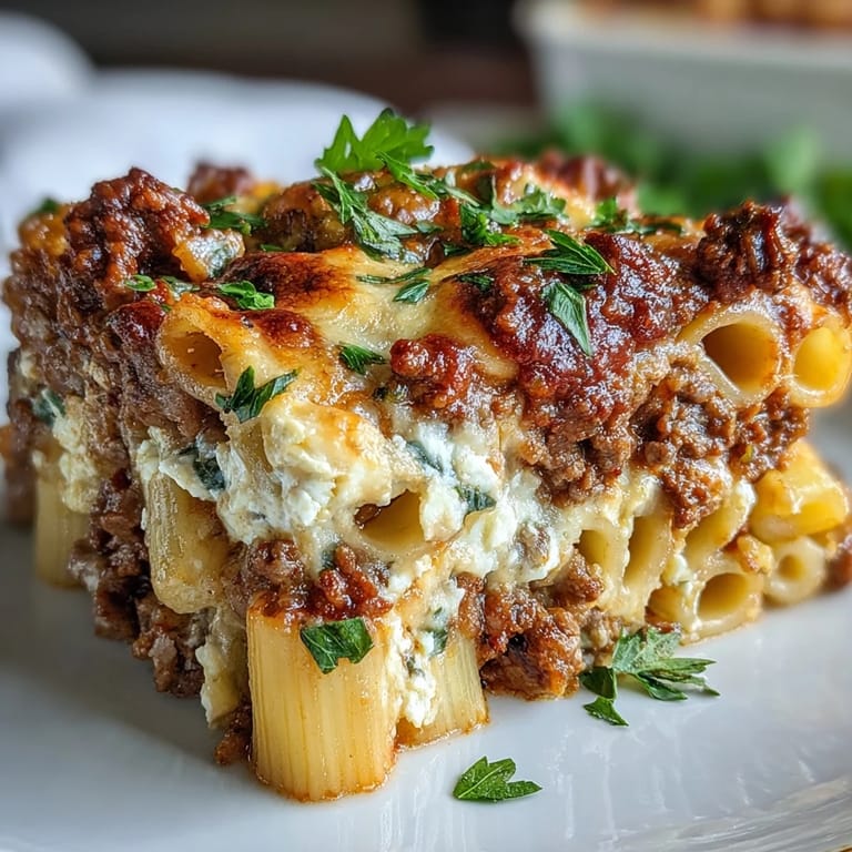 Hearty Cottage Cheese Protein Pasta Bake with Ground Beef served golden and bubbly beside a simple green salad.