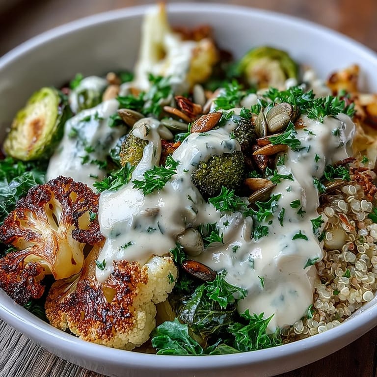 Hearty Roasted Brassica Bowl with charred Brussels sprouts, grains, and fresh parsley garnish served in a rustic ceramic bowl.