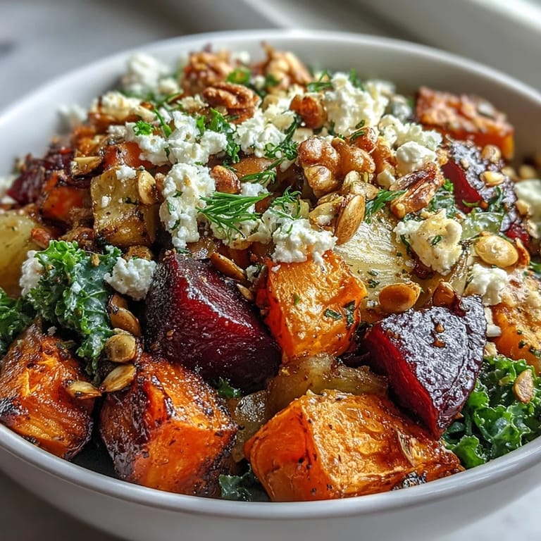 A spoon drizzles tangy dressing over the vegetarian Winter Root Vegetable Bowl with pumpkin seeds.