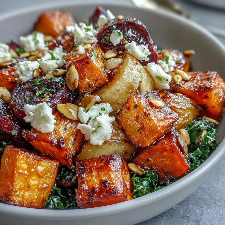 Colorful roasted root vegetables and feta garnish a cozy, gluten-free Winter Root Vegetable Bowl.