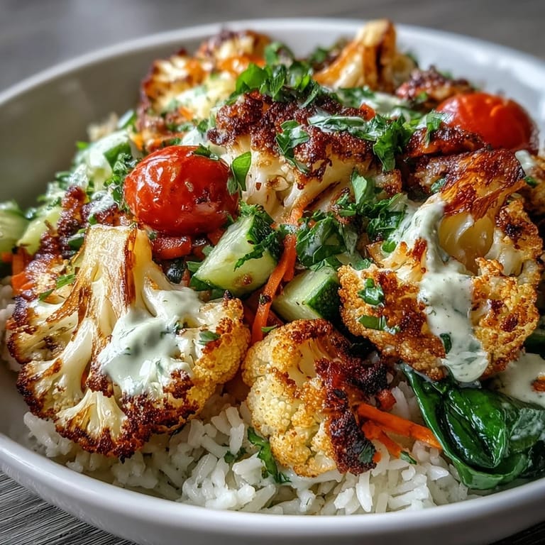 Nourishing roasted cauliflower bowl, loaded with crunchy cucumbers and carrots, served warm for dinner.