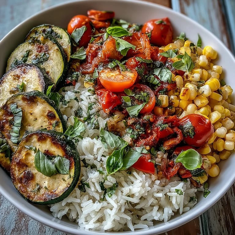 Overhead view of a fresh Summer Vegetable Bowl featuring juicy tomatoes and sweet corn, ready to be enjoyed for a quick weeknight meal.