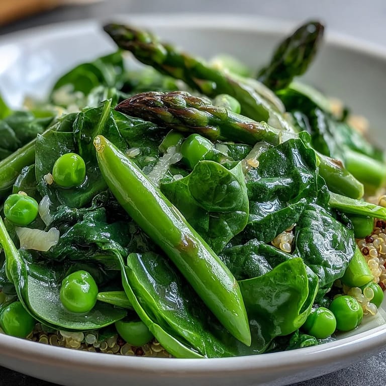 Freshly prepared Spring Green Bowl served warm over quinoa with a lemony aroma.