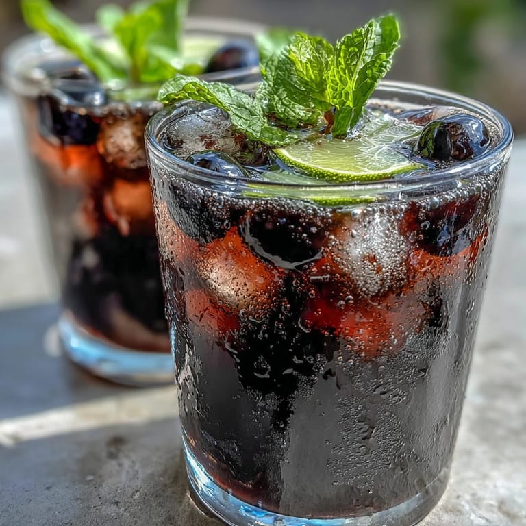 A chilled Tangy Blackcurrant Mojito features vibrant purple syrup and soda bubbles in a glass.