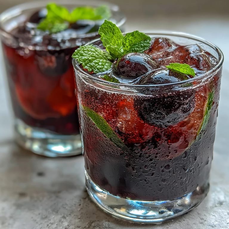Close-up of a Tangy Blackcurrant Mojito topped with mint sprigs and fresh blackcurrants.