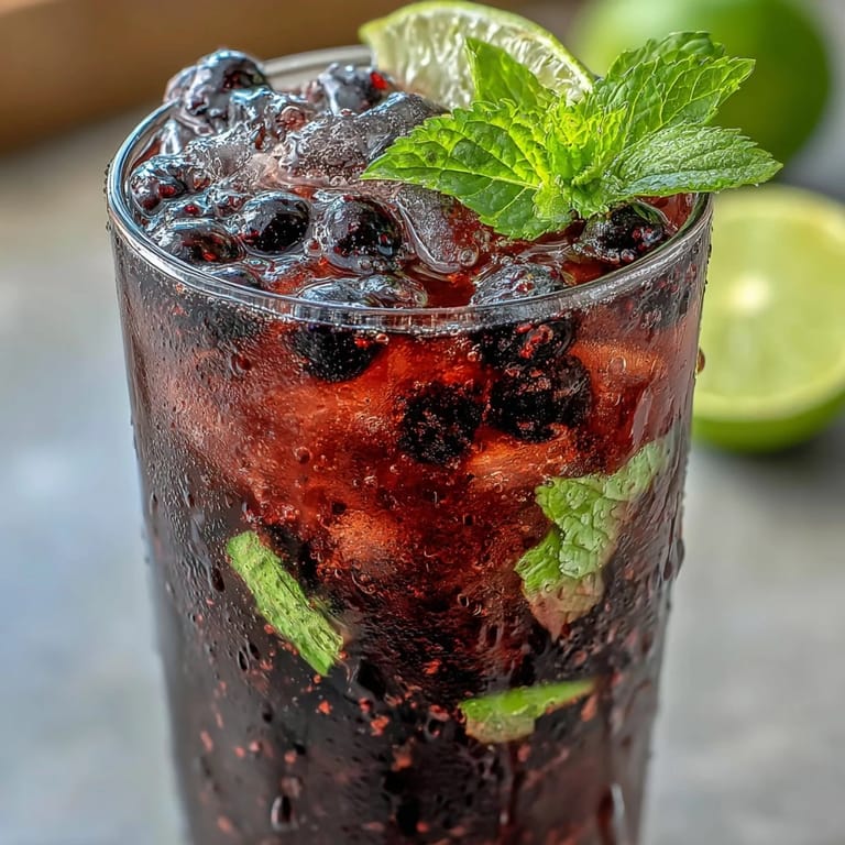 A refreshing Black Currant Mojito in a highball glass, showcasing a rich purple hue from the jam and bubbly soda water.