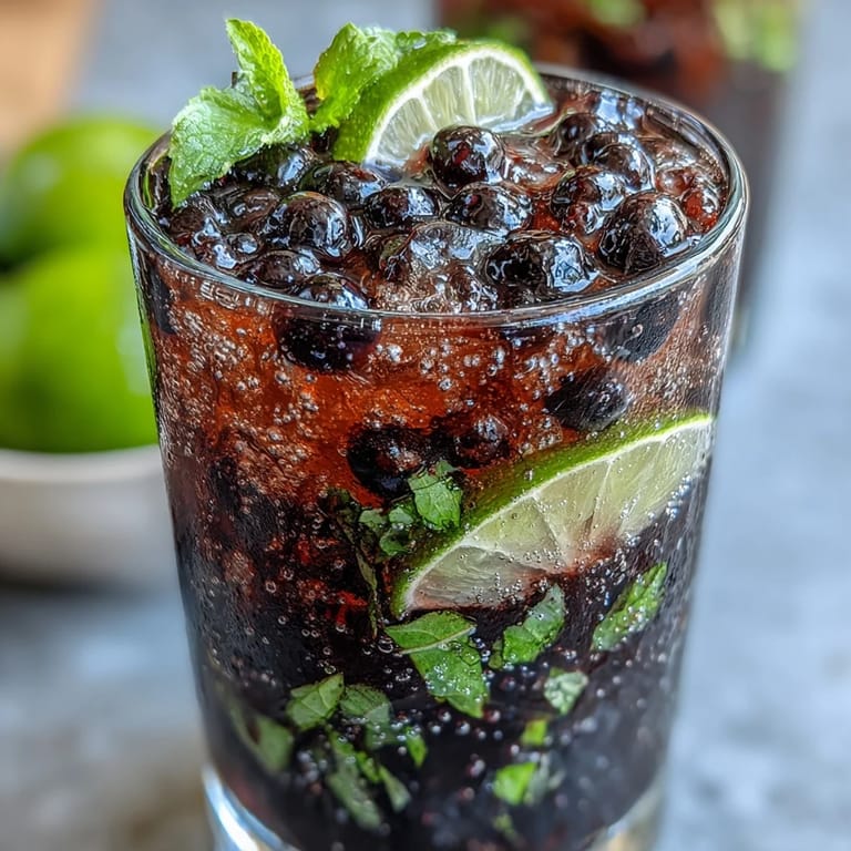 An easy summer Black Currant Mojito cocktail topped with mint sprigs and fresh black currants, ready to serve.